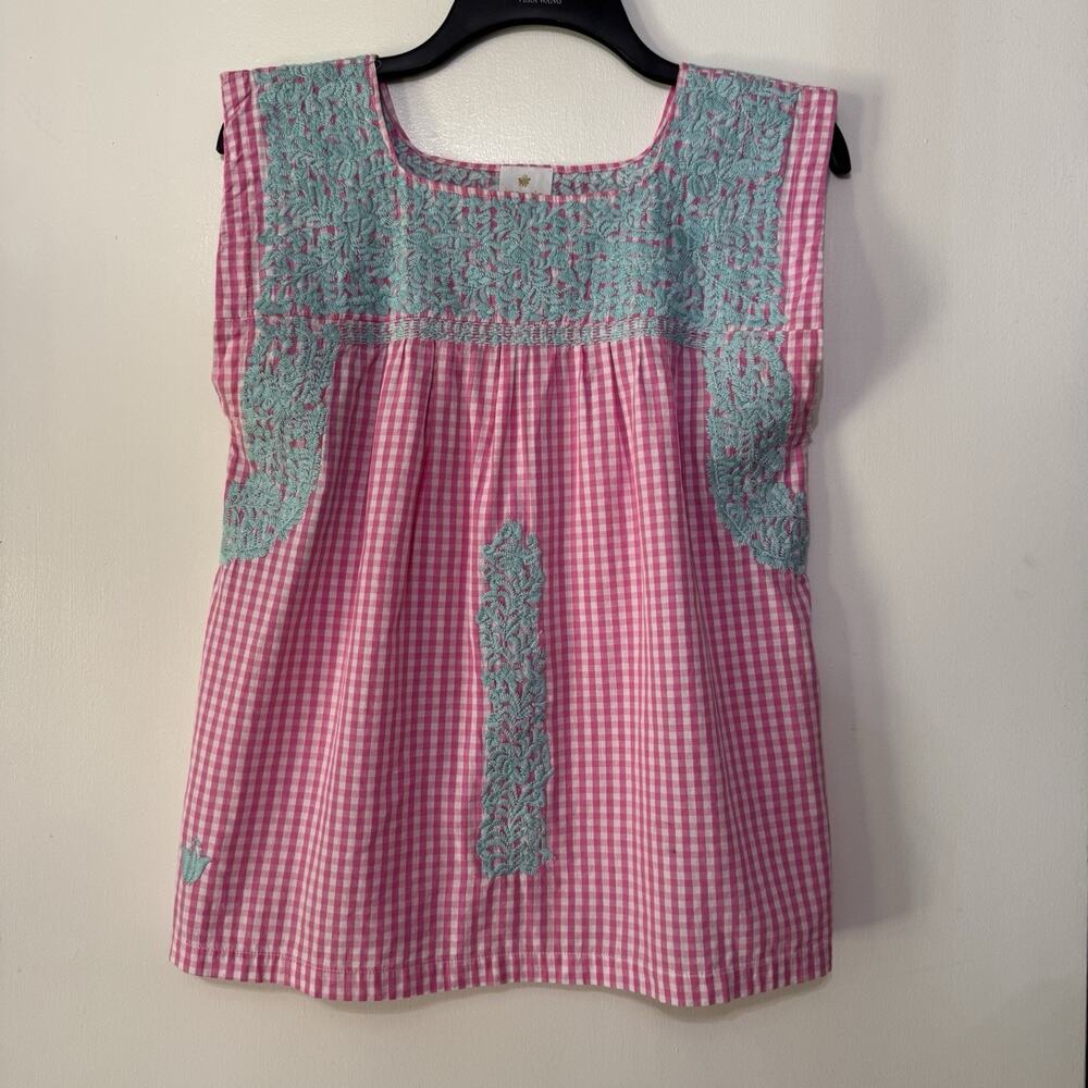 J. Marie Blue Floral Embroidered Pink & White Gingham Sleeveless Top XS Cotton